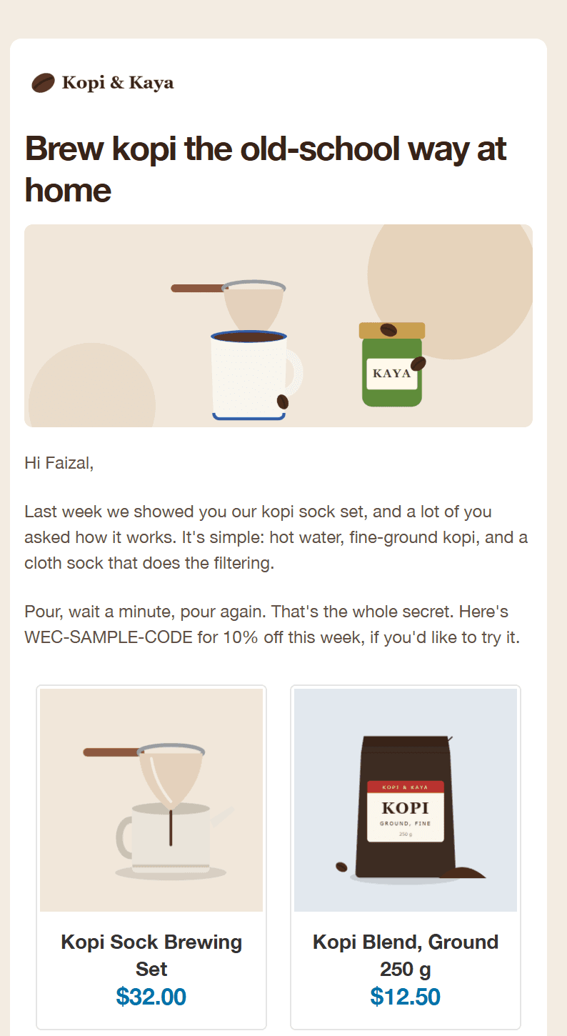 An email at phone width, starting "Hi Faizal", with product cards.