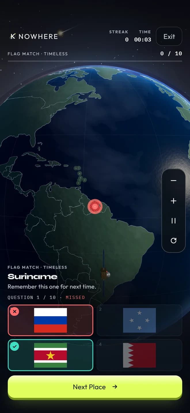 Flag match: Suriname, with the missed flag marked