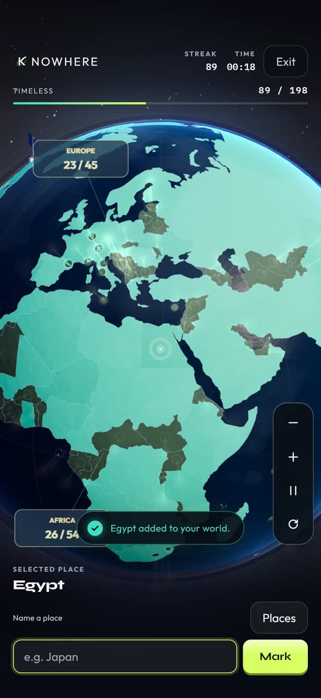 The globe filling in as places are named