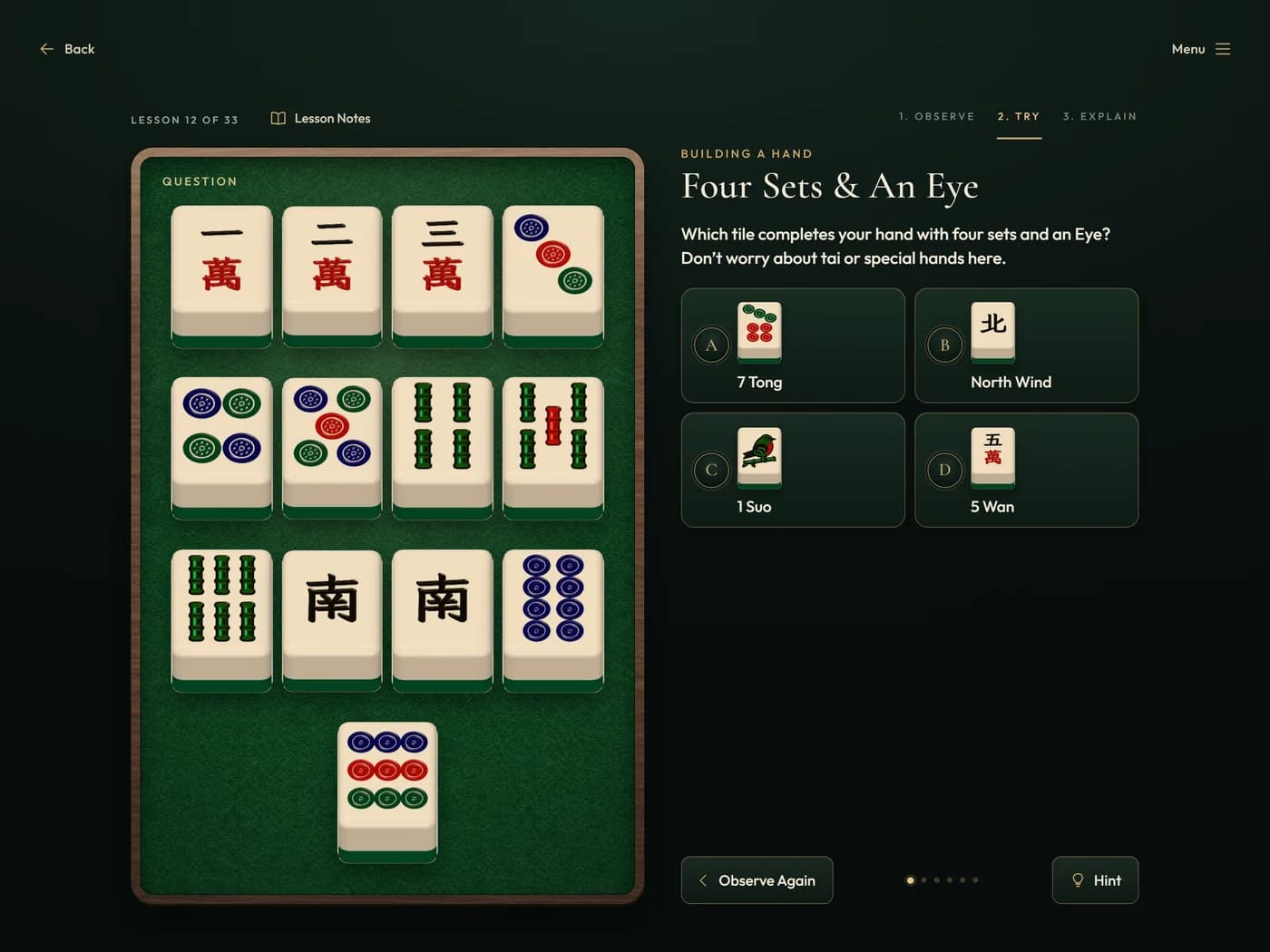 A lesson asking which tile completes a hand of four sets and an eye