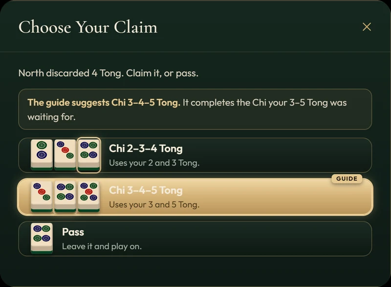 Choose Your Claim, with the guide suggesting Chi 3-4-5 Tong and why